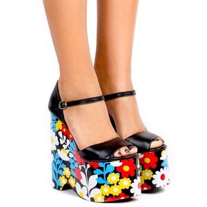 JEFFREY CAMPBELL Nevaeh Black Multi Daisy Floral Wooden Platform